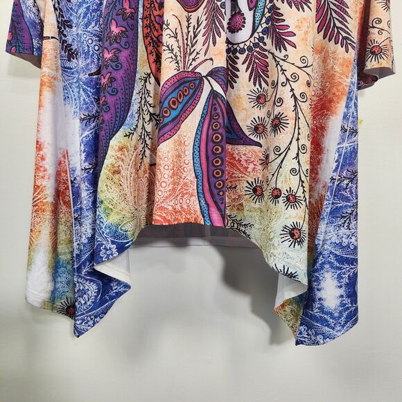 Simply Emma Womens Top Size 1X Beaded Shark Hem 3/4 Sleeve Floral Print Split V - Picture 8 of 14